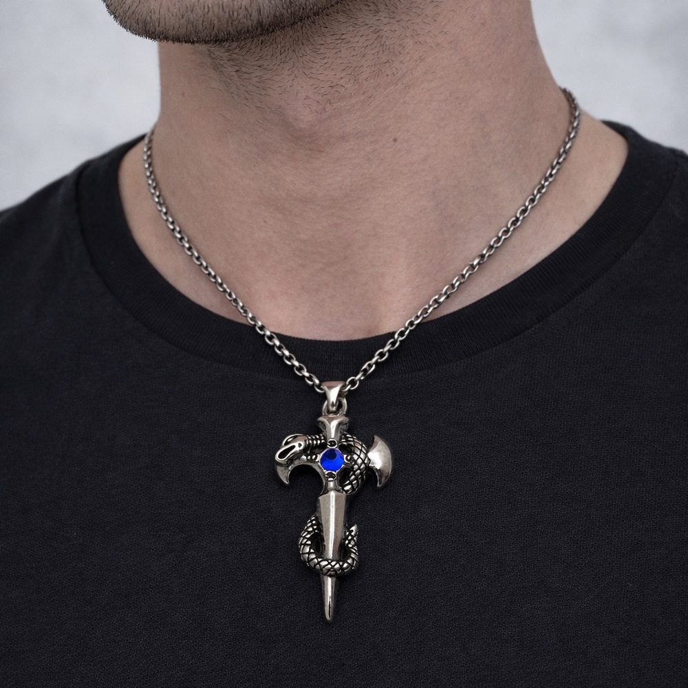 NWOT Axe cross with snakes and solitaire stone